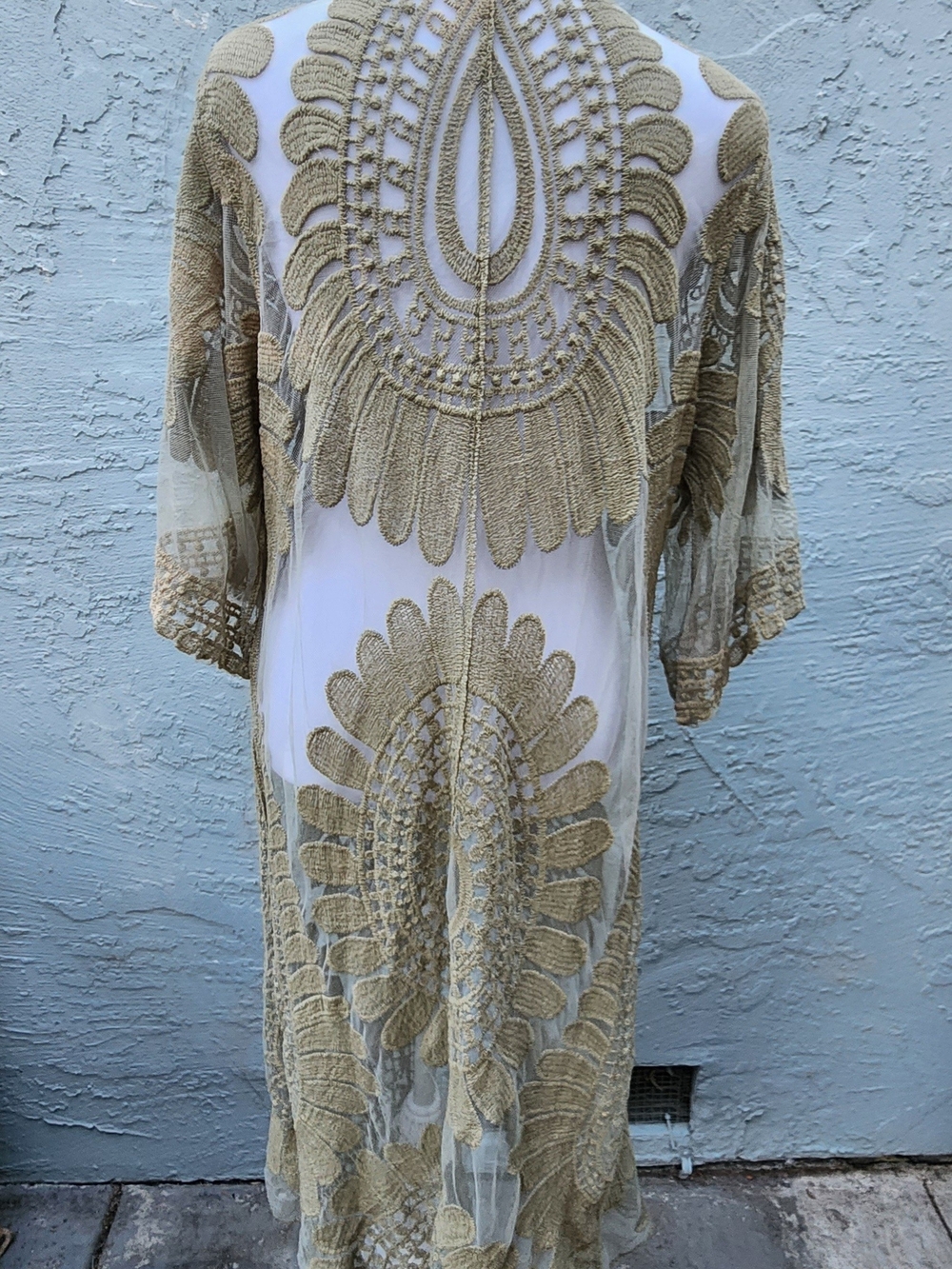 Rebellion Again Olive Green Lace Mesh Duster Kimono Cardigan Boho L - Picture 7 of 10
